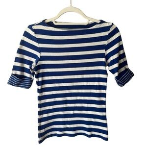 Blue and White Ribbed T-Shirt with 3/4 Cuffed Sleeves